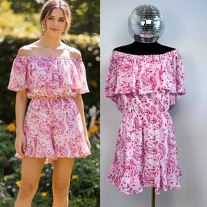 Sugar Lips Paisley Off Shoulder Ruffle Mini Dress, Women's Size Large, NWT! Pink